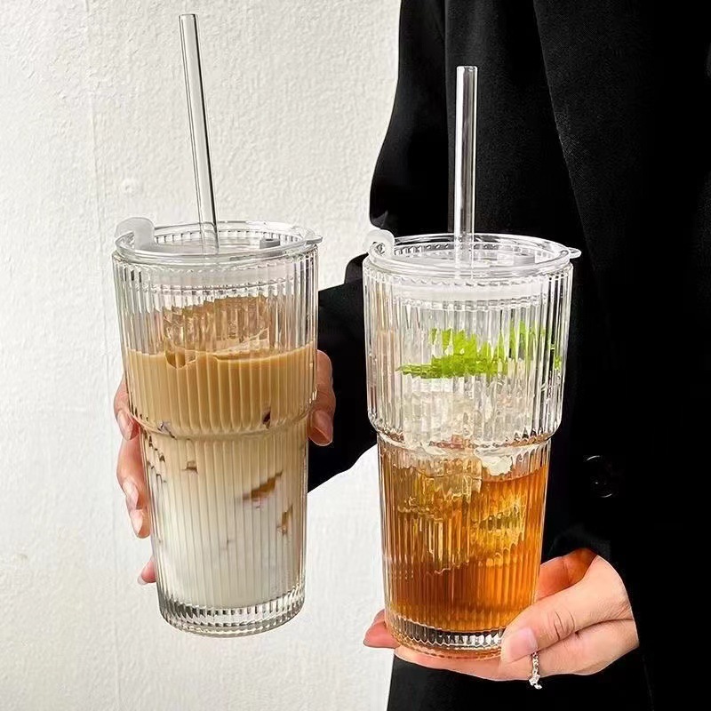 クロスボーダー高見えコールドドリンクカップジュースコーヒーカップ蓋とストロー縦縞ガラスカップウォーターカップ大容量