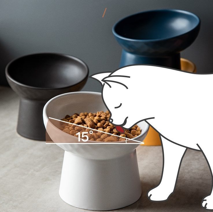 斜口猫碗ペット食事碗北欧清新首保護円形広口猫食鉢高足キャンディー色猫碗